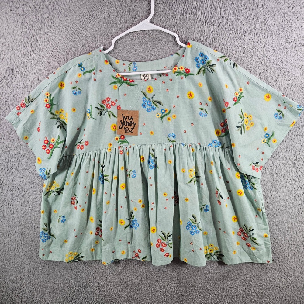 Ivy Jane Floral Babydoll Top Womens S/M Green Cotton Smock Blouse‎ NEW NWT